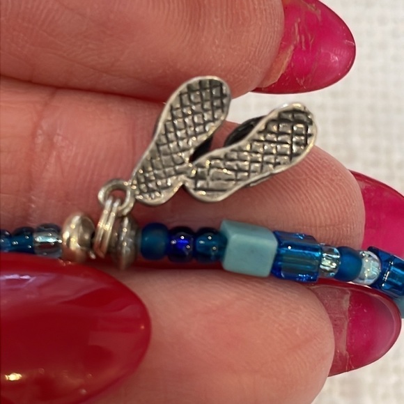 Sterling silver flip flop charm blue glass tube seed bead ankle bracelet - Picture 4 of 7